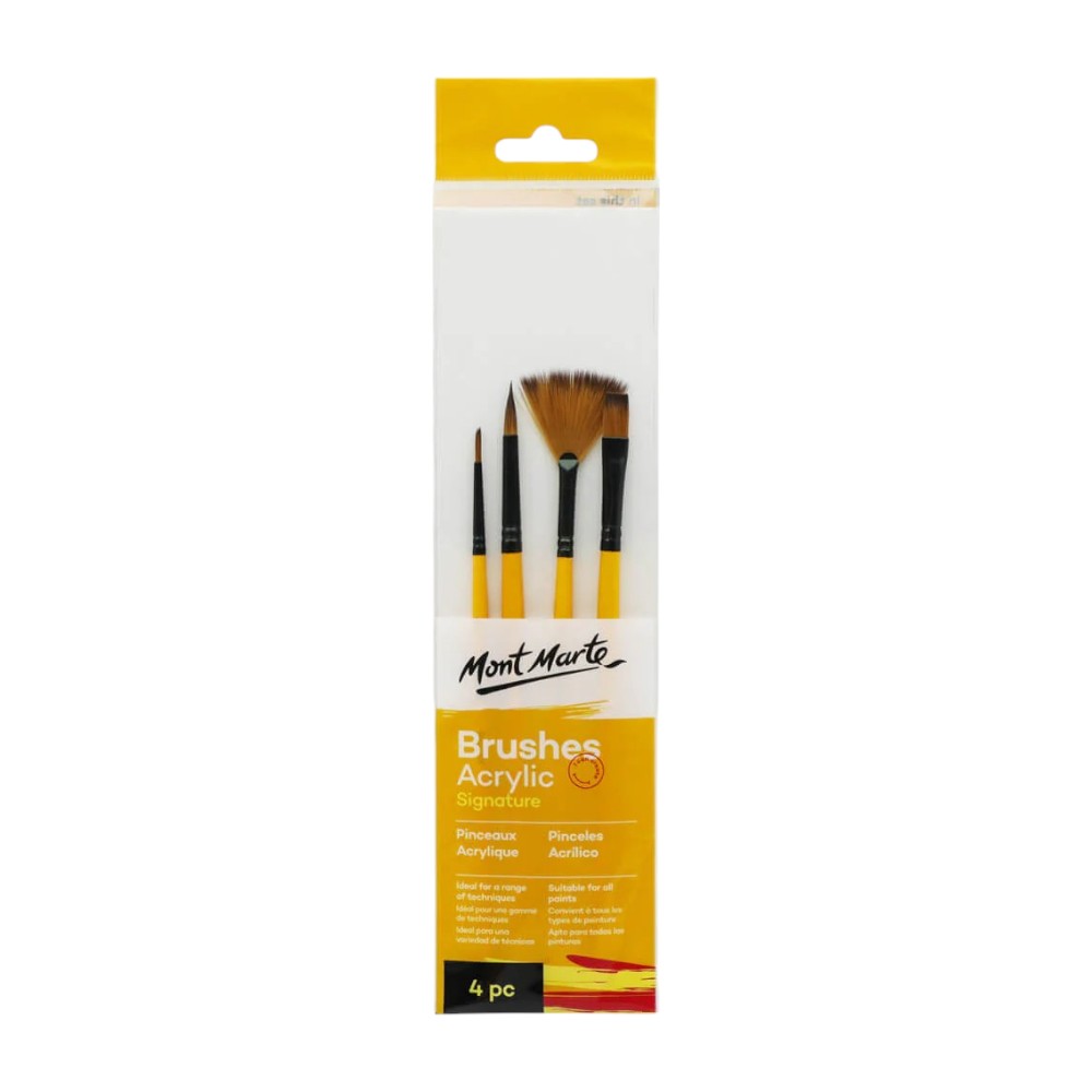 Mont Marte Acrylic Brushes Signature Set of 4 - Includes Round, Flat, Fan Brushes for Acrylics
